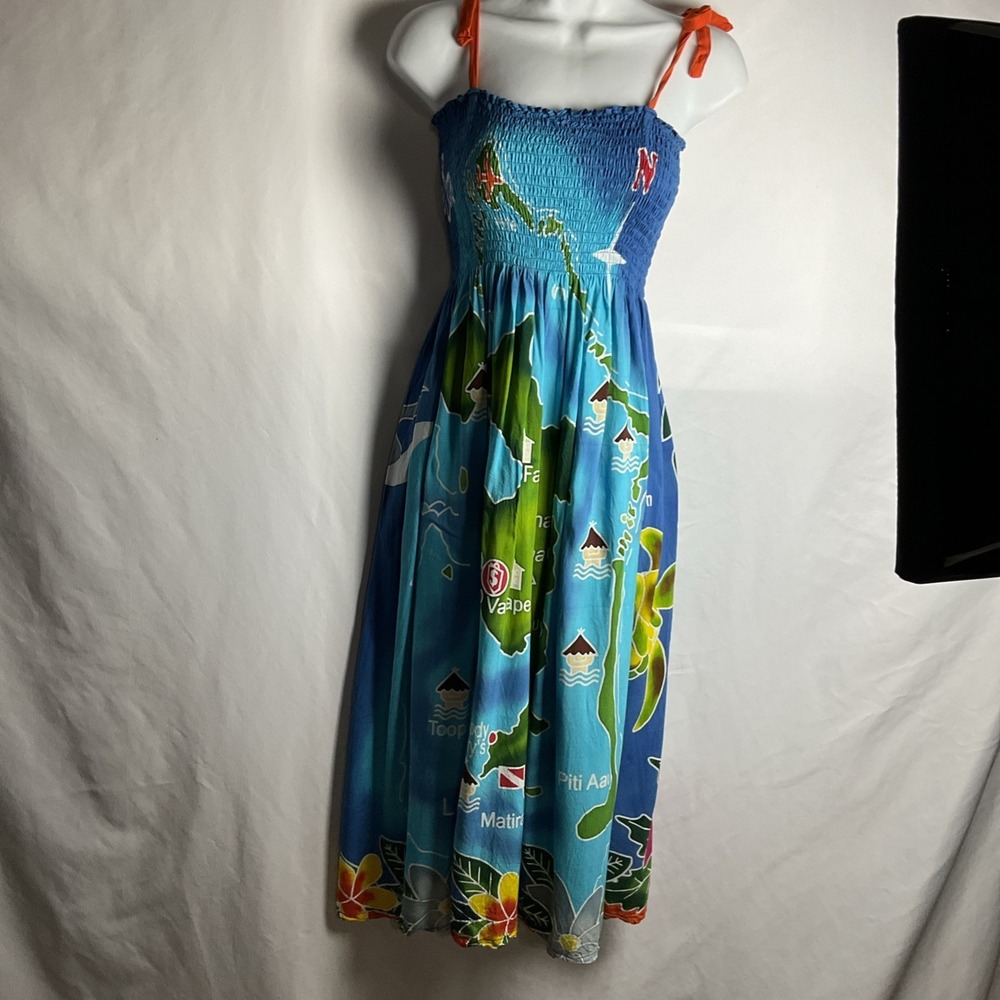 Boutique Bora Bora Women's S/M Tropical Map Sea Life‎ Tie Shoulder Sun Dress